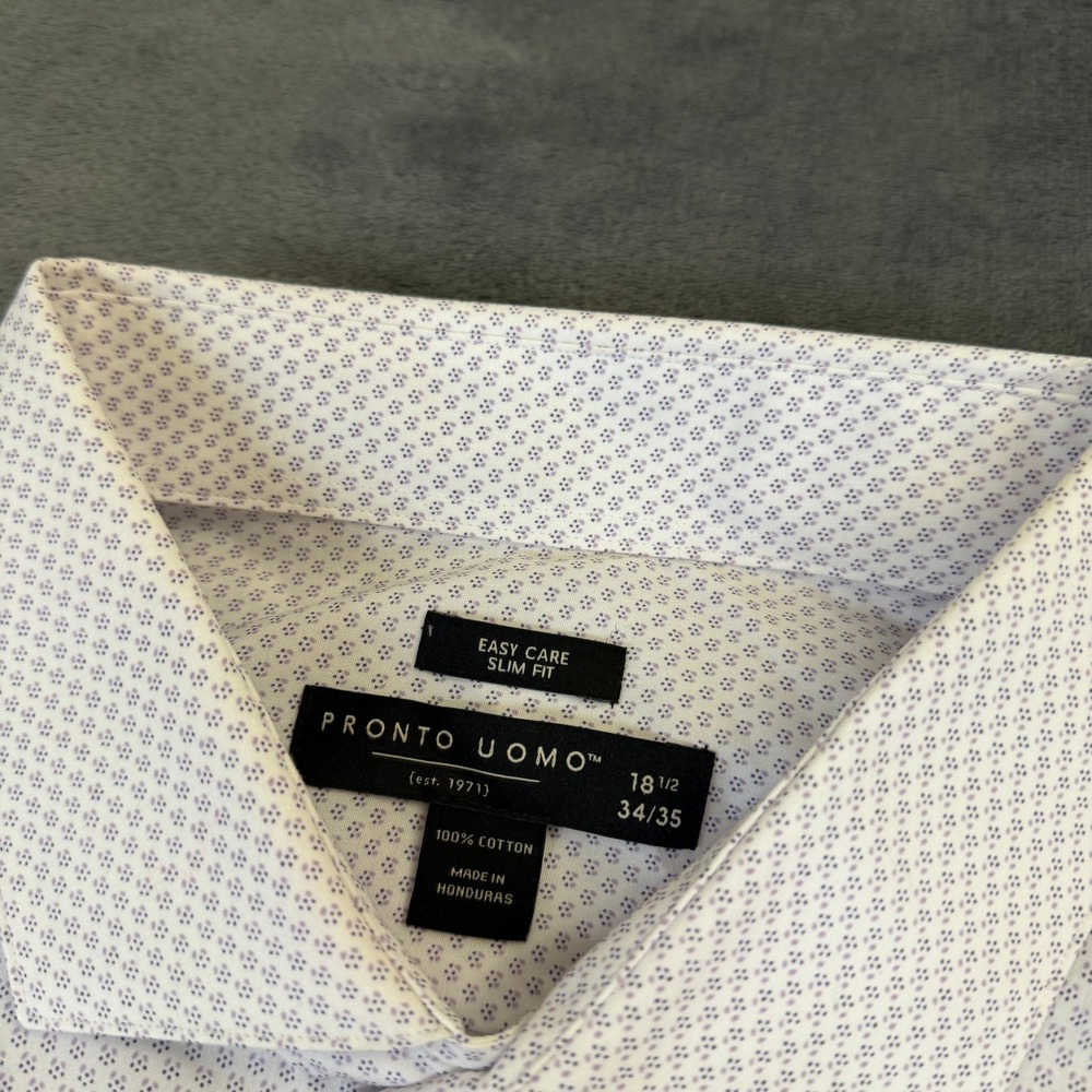 Pronto Uomo Easy Care Dress Shirt Mens 18 1/2 34/35 White Slim Fit Geometric - Picture 3 of 11